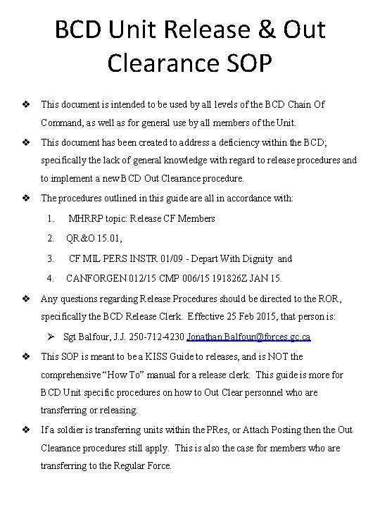 BCD Unit Release & Out Clearance SOP v This document is intended to be