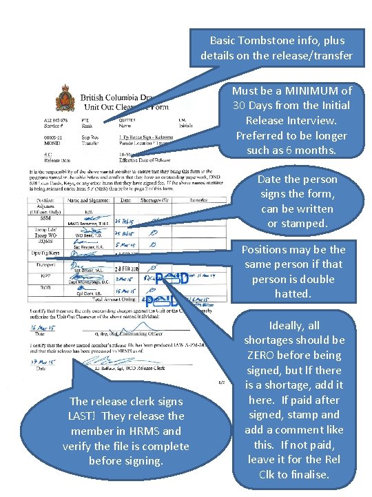 Basic Tombstone info, plus details on the release/transfer Must be a MINIMUM of 30