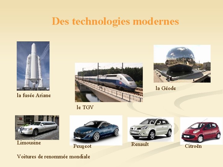 Des technologies modernes la Géode la fusée Ariane le TGV Limousine Peugeot Voitures de