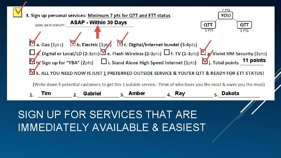 ASAP - Within 30 Days 11 points 9 Points for Personal Services Tim Gabriel