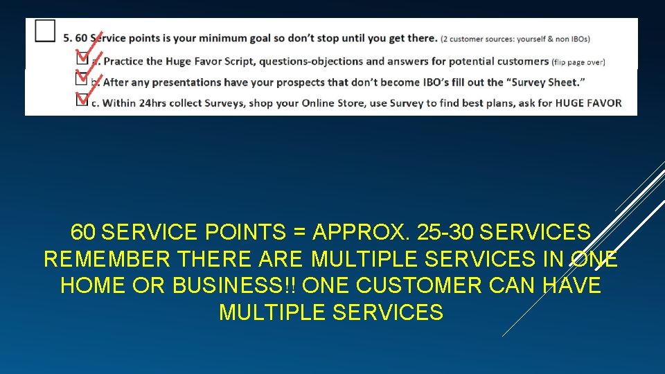60 SERVICE POINTS = APPROX. 25 -30 SERVICES REMEMBER THERE ARE MULTIPLE SERVICES IN