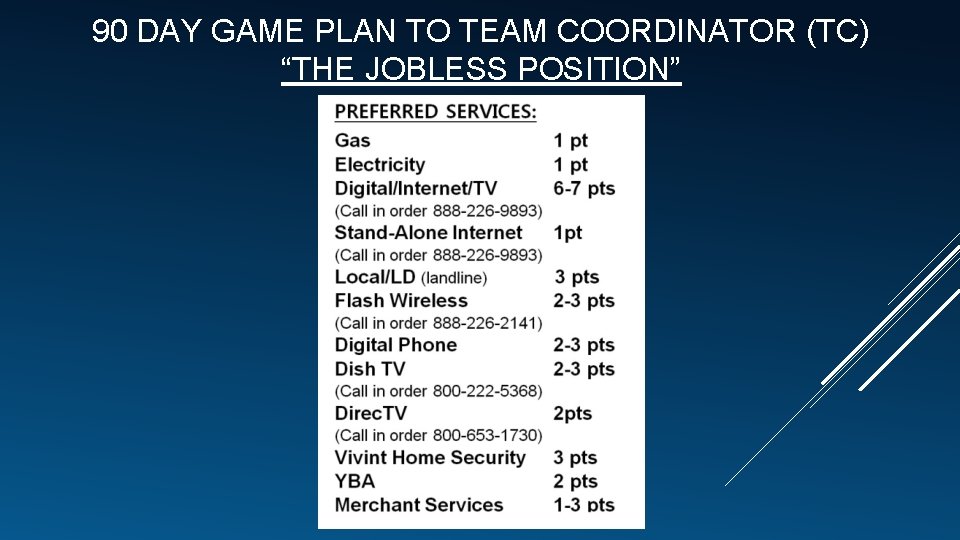 90 DAY GAME PLAN TO TEAM COORDINATOR (TC) “THE JOBLESS POSITION” 
