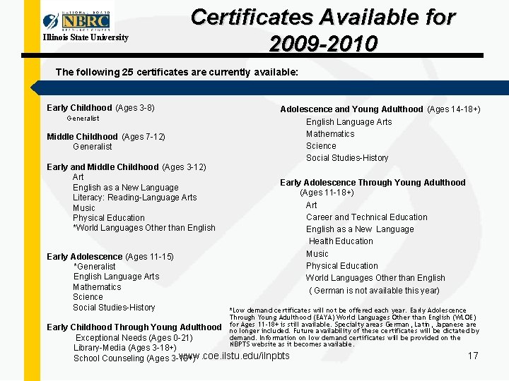 Illinois State University Certificates Available for 2009 -2010 The following 25 certificates are currently