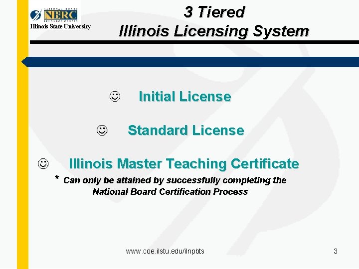 Illinois State University 3 Tiered Illinois Licensing System J Initial License J Standard License