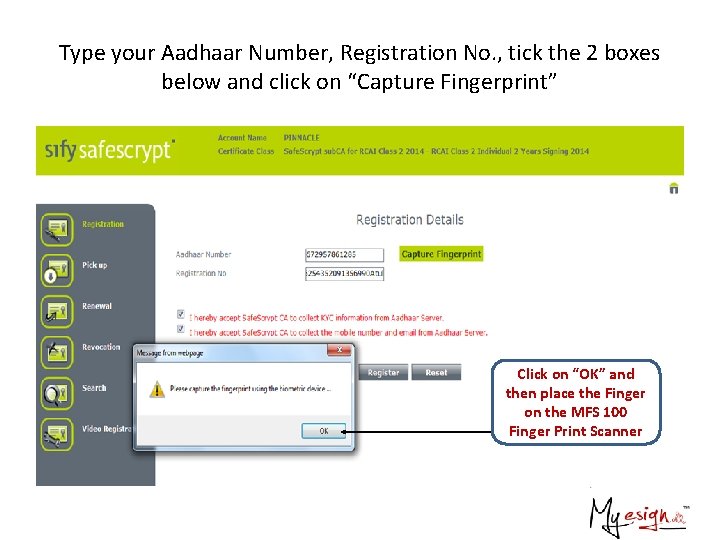 Type your Aadhaar Number, Registration No. , tick the 2 boxes below and click