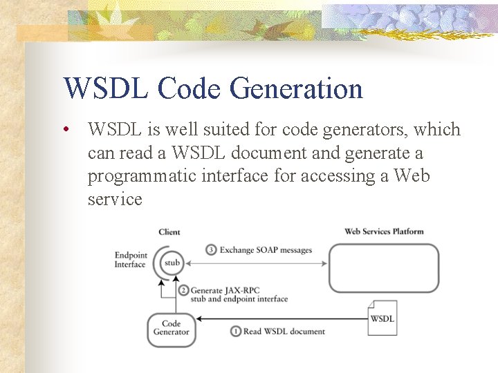 WSDL Code Generation • WSDL is well suited for code generators, which can read