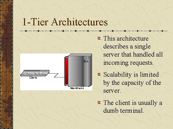 1 -Tier Architectures This architecture describes a single server that handled all incoming requests.