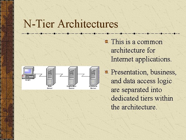 N-Tier Architectures This is a common architecture for Internet applications. Presentation, business, and data