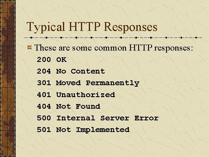 Typical HTTP Responses These are some common HTTP responses: 200 204 301 404 500