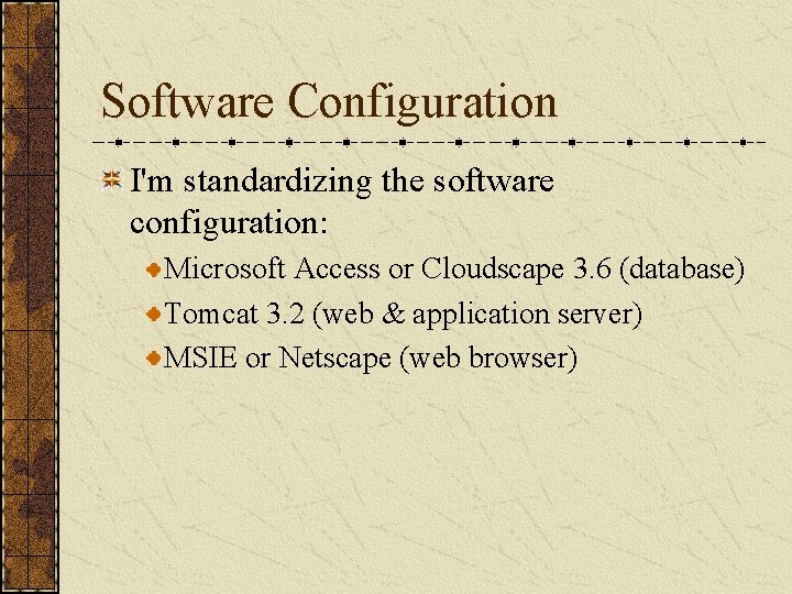 Software Configuration I'm standardizing the software configuration: Microsoft Access or Cloudscape 3. 6 (database)