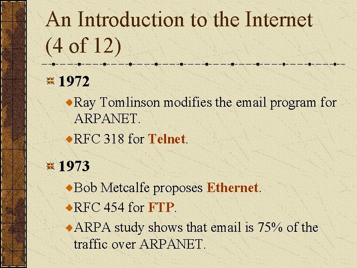 An Introduction to the Internet (4 of 12) 1972 Ray Tomlinson modifies the email