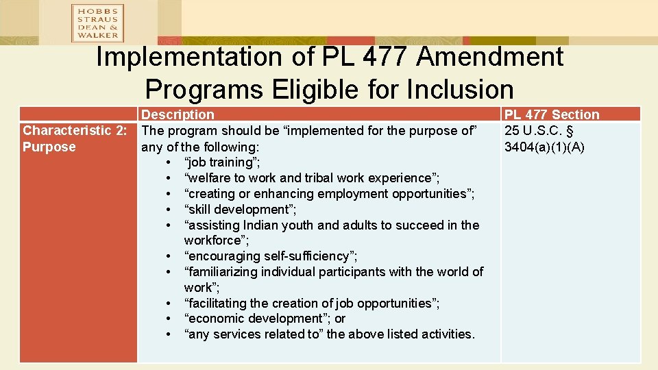 Implementation of PL 477 Amendment Programs Eligible for Inclusion Description Characteristic 2: The program