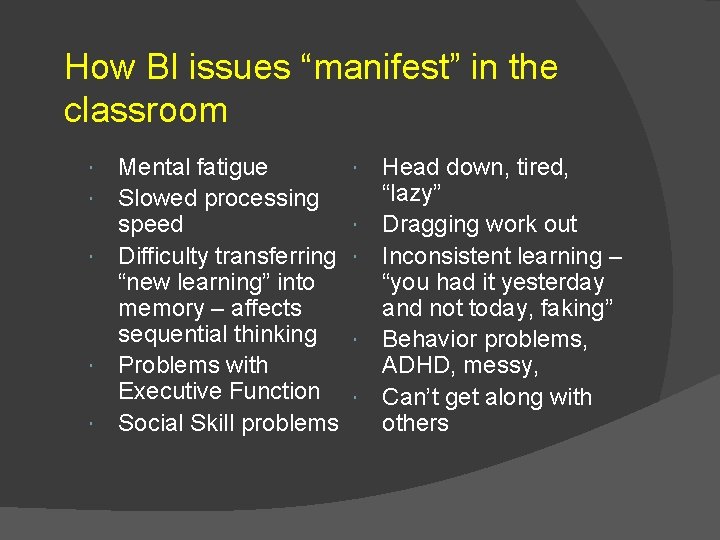 How BI issues “manifest” in the classroom Mental fatigue Slowed processing speed Difficulty transferring