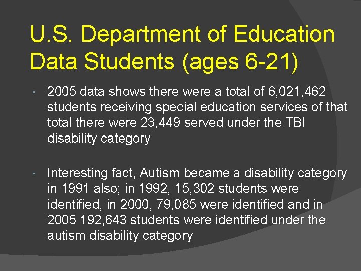 U. S. Department of Education Data Students (ages 6 -21) 2005 data shows there