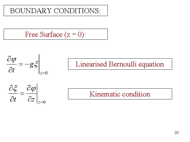BOUNDARY CONDITIONS: Free Surface (z = 0): Linearised Bernoulli equation Kinematic condition 20 