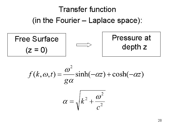Transfer function (in the Fourier – Laplace space): Free Surface (z = 0) Pressure