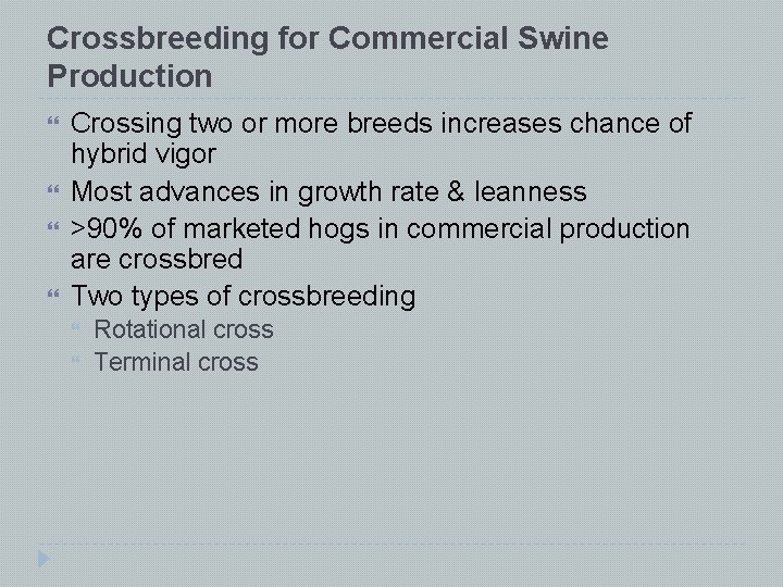Crossbreeding for Commercial Swine Production Crossing two or more breeds increases chance of hybrid