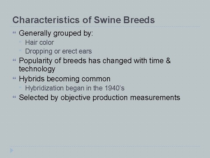 Characteristics of Swine Breeds Generally grouped by: Popularity of breeds has changed with time