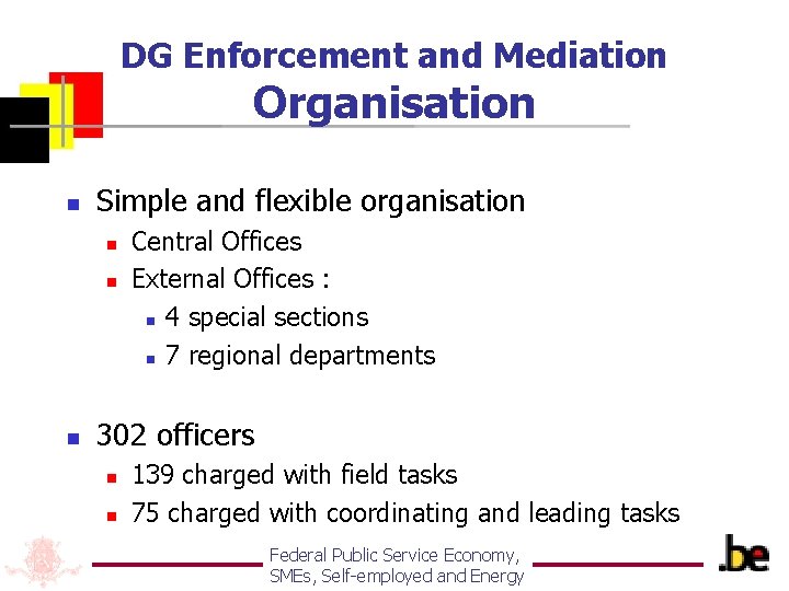DG Enforcement and Mediation Organisation n Simple and flexible organisation n Central Offices External