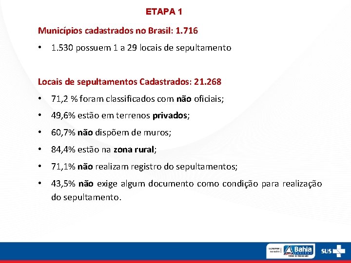 ETAPA 1 Municípios cadastrados no Brasil: 1. 716 • 1. 530 possuem 1 a
