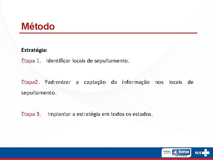 Método Estratégia: Etapa 1. Identificar locais de sepultamento. Etapa 2. Padronizar a captação da