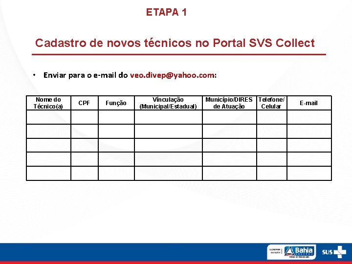 ETAPA 1 Cadastro de novos técnicos no Portal SVS Collect • Enviar para o