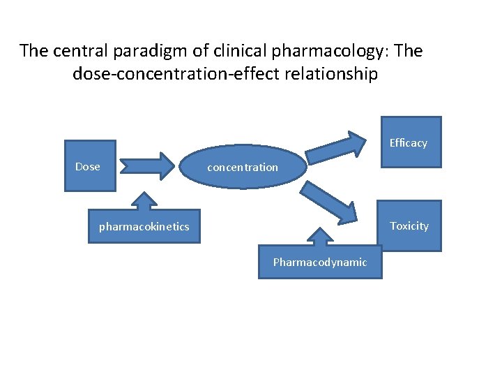 The central paradigm of clinical pharmacology: The dose-concentration-effect relationship Efficacy Dose concentration Toxicity pharmacokinetics
