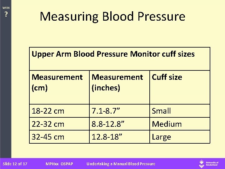 WEEK ? Measuring Blood Pressure Upper Arm Blood Pressure Monitor cuff sizes Slide 12