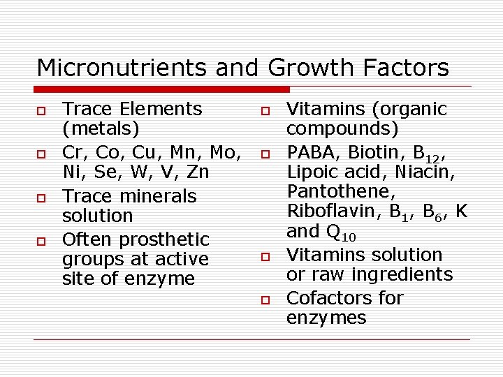 Micronutrients and Growth Factors o o Trace Elements (metals) Cr, Co, Cu, Mn, Mo,