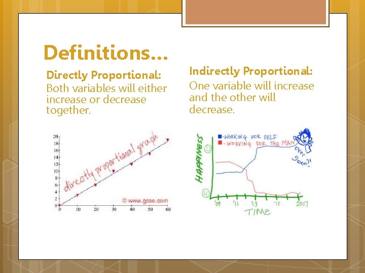 Definitions… Directly Proportional: Both variables will either increase or decrease together. Indirectly Proportional: One