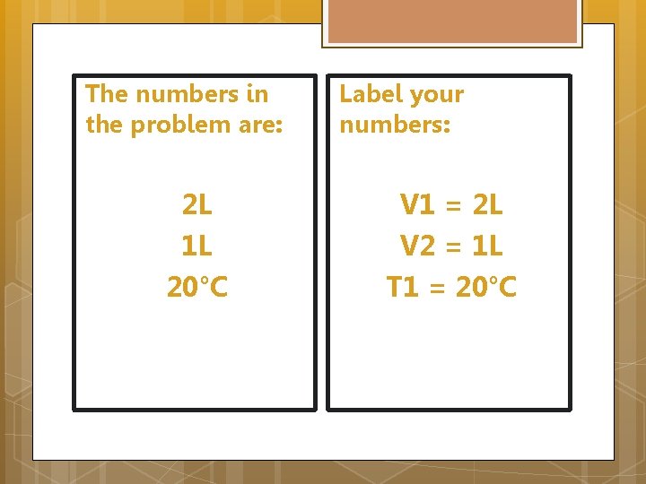 The numbers in the problem are: 2 L 1 L 20°C Label your numbers: