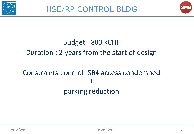 HSE/RP CONTROL BLDG SMB Budget : 800 k. CHF Duration : 2 years from