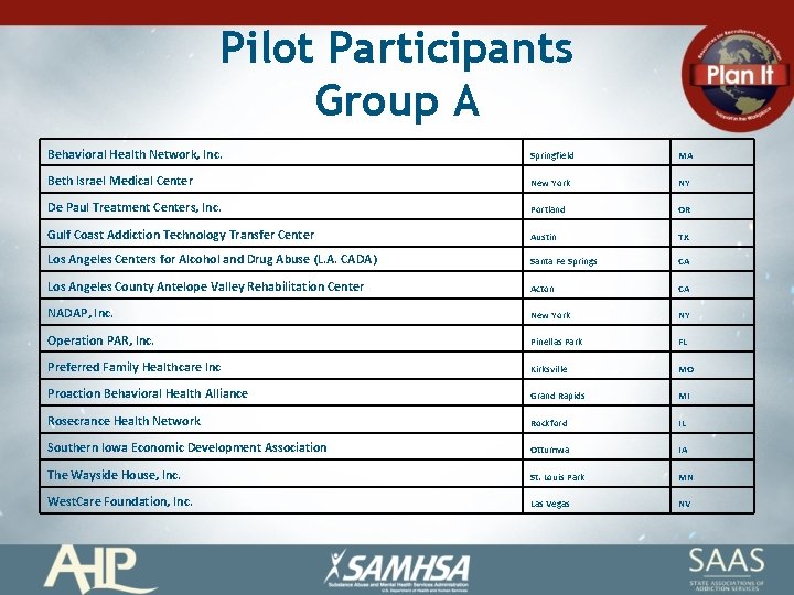 Pilot Participants Group A Behavioral Health Network, Inc. Springfield MA Beth Israel Medical Center