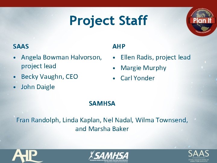 Project Staff SAAS • • • AHP Angela Bowman Halvorson, project lead Becky Vaughn,