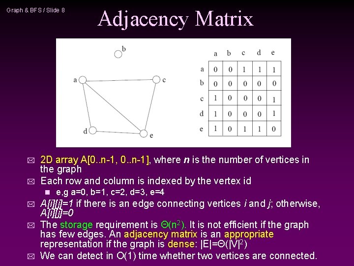 Graph & BFS / Slide 8 * * 2 D array A[0. . n-1,
