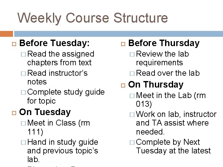 Weekly Course Structure Before Tuesday: the assigned chapters from text � Read instructor’s notes