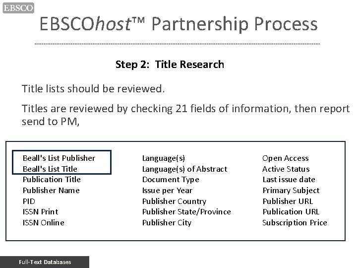 EBSCOhost™ Partnership Process Step 2: Title Research Title lists should be reviewed. Titles are