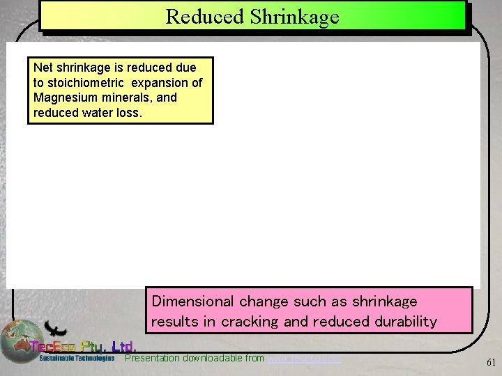 Reduced Shrinkage Net shrinkage is reduced due to stoichiometric expansion of Magnesium minerals, and