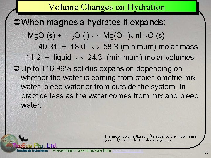 Volume Changes on Hydration ÜWhen magnesia hydrates it expands: Mg. O (s) + H