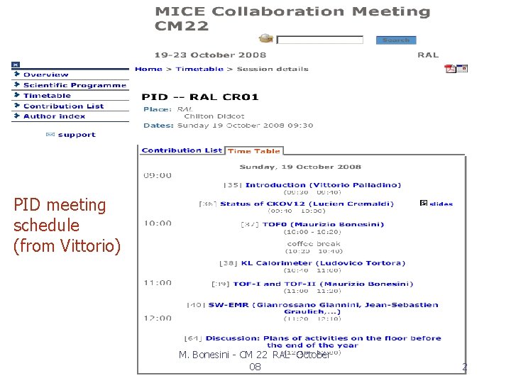 PID meeting schedule (from Vittorio) M. Bonesini - CM 22 RAL October 08 2