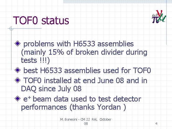 TOF 0 status problems with H 6533 assemblies (mainly 15% of broken divider during