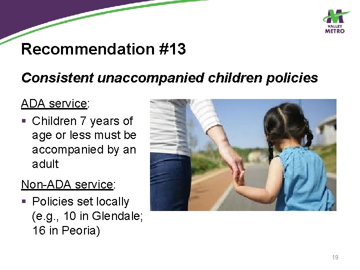 Recommendation #13 Consistent unaccompanied children policies ADA service: § Children 7 years of age