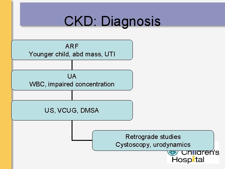 CKD: Diagnosis ARF Younger child, abd mass, UTI UA WBC, impaired concentration US, VCUG,