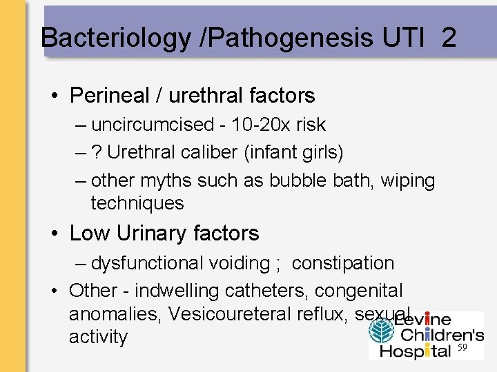Bacteriology /Pathogenesis UTI 2 • Perineal / urethral factors – uncircumcised - 10 -20