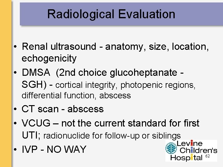 Radiological Evaluation • Renal ultrasound - anatomy, size, location, echogenicity • DMSA (2 nd