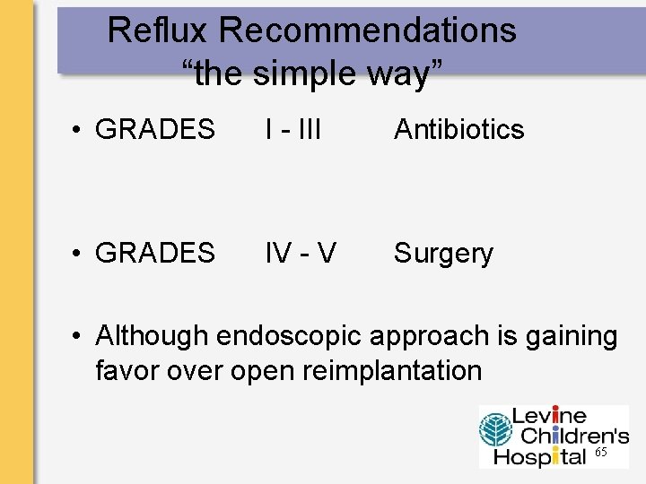 Reflux Recommendations “the simple way” • GRADES I - III Antibiotics • GRADES IV