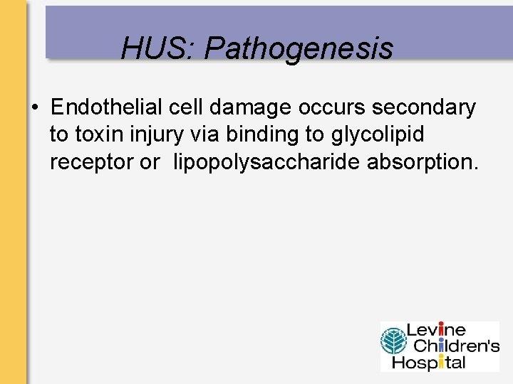 HUS: Pathogenesis • Endothelial cell damage occurs secondary to toxin injury via binding to