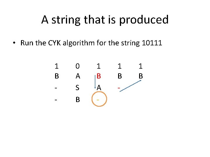 A string that is produced • Run the CYK algorithm for the string 10111