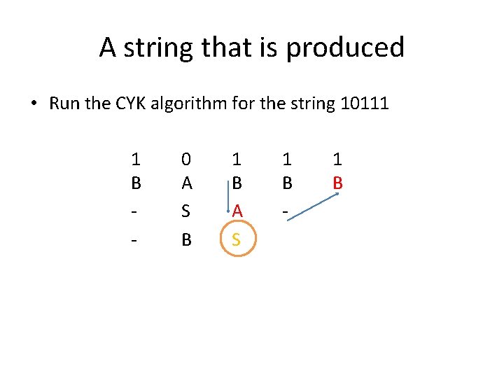A string that is produced • Run the CYK algorithm for the string 10111