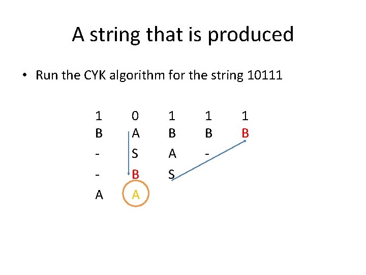 A string that is produced • Run the CYK algorithm for the string 10111